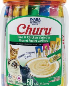 INABA Churu Cat Treats, Lickable, Squeezable Creamy Purée Cat Treat with Green Tea Extract & Taurine, 0.5 Ounces Each Tube, 50 Tubes, Tuna & Chicken Variety