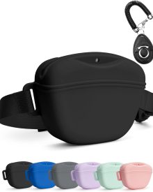 heouvo 1.67 Cup Magnetic Dog Treat Pouch with Training Clicker (Black) | Magnetic Closure, Silicone Bag with Waist Belt for Pet Training & Walking, Easy One-hand Treat Access
