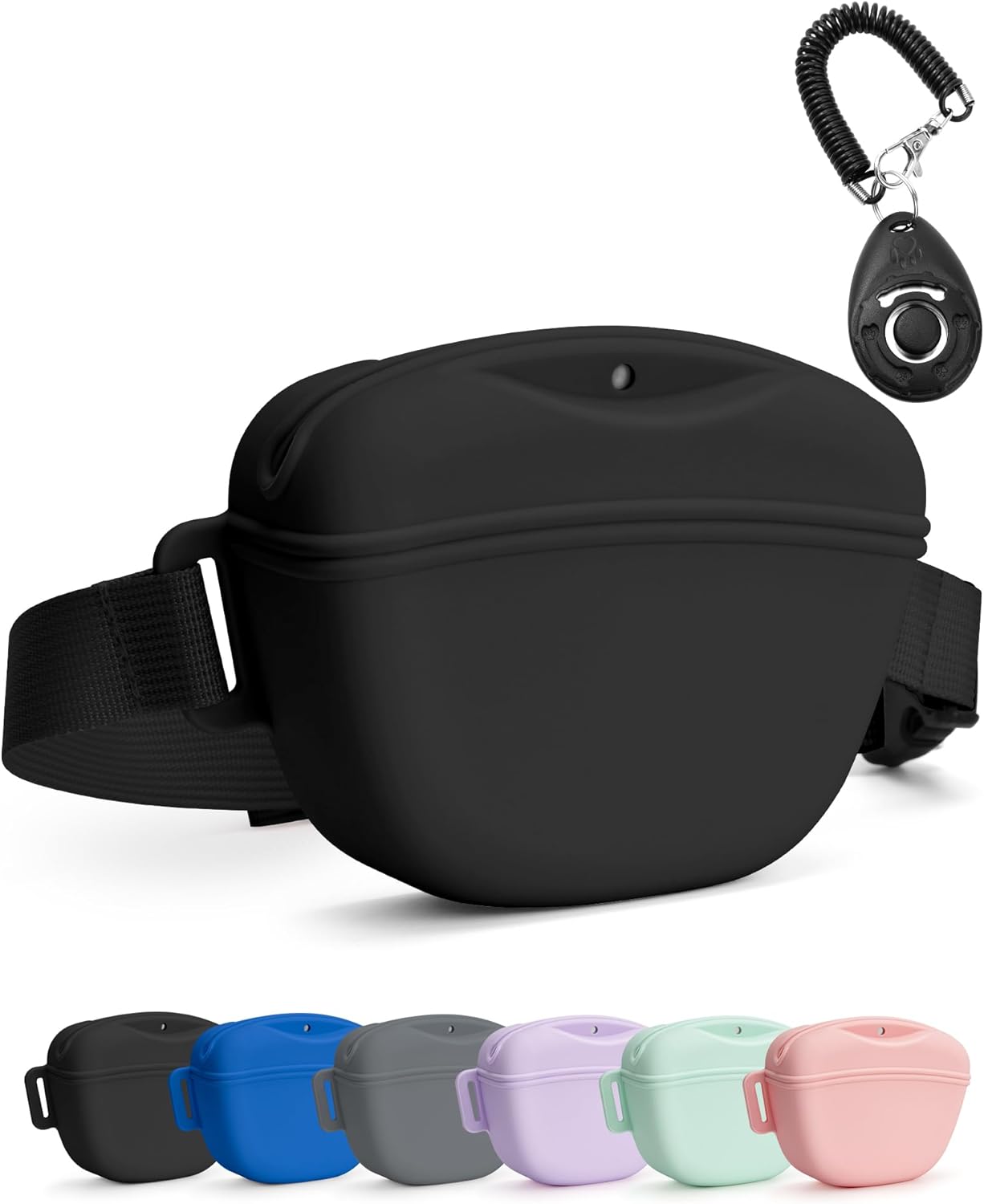 heouvo 1.67 Cup Magnetic Dog Treat Pouch with Training Clicker (Black) | Magnetic Closure, Silicone Bag with Waist Belt for Pet Training & Walking, Easy One-hand Treat Access